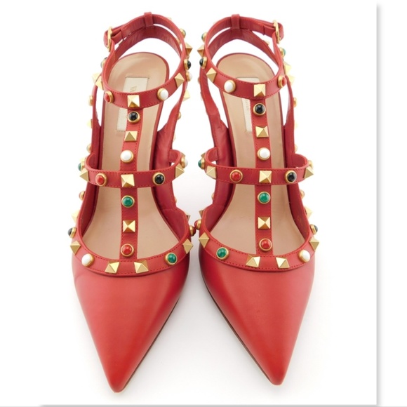 VALENTINO Red Leather Rockstud T-strap Pumps 40 - Picture 2 of 8